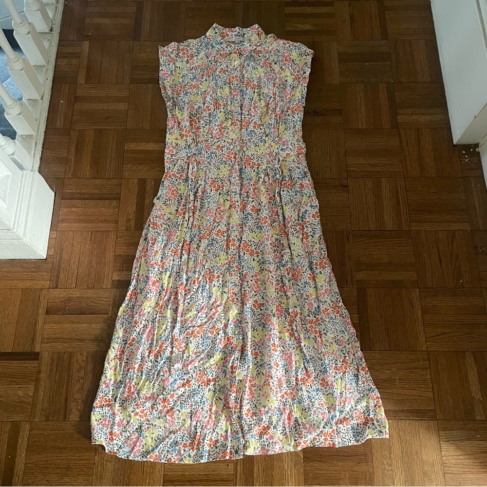Loft Floral Midi Pocket Shirt Dress Button Front Adjustable Waist Size 6